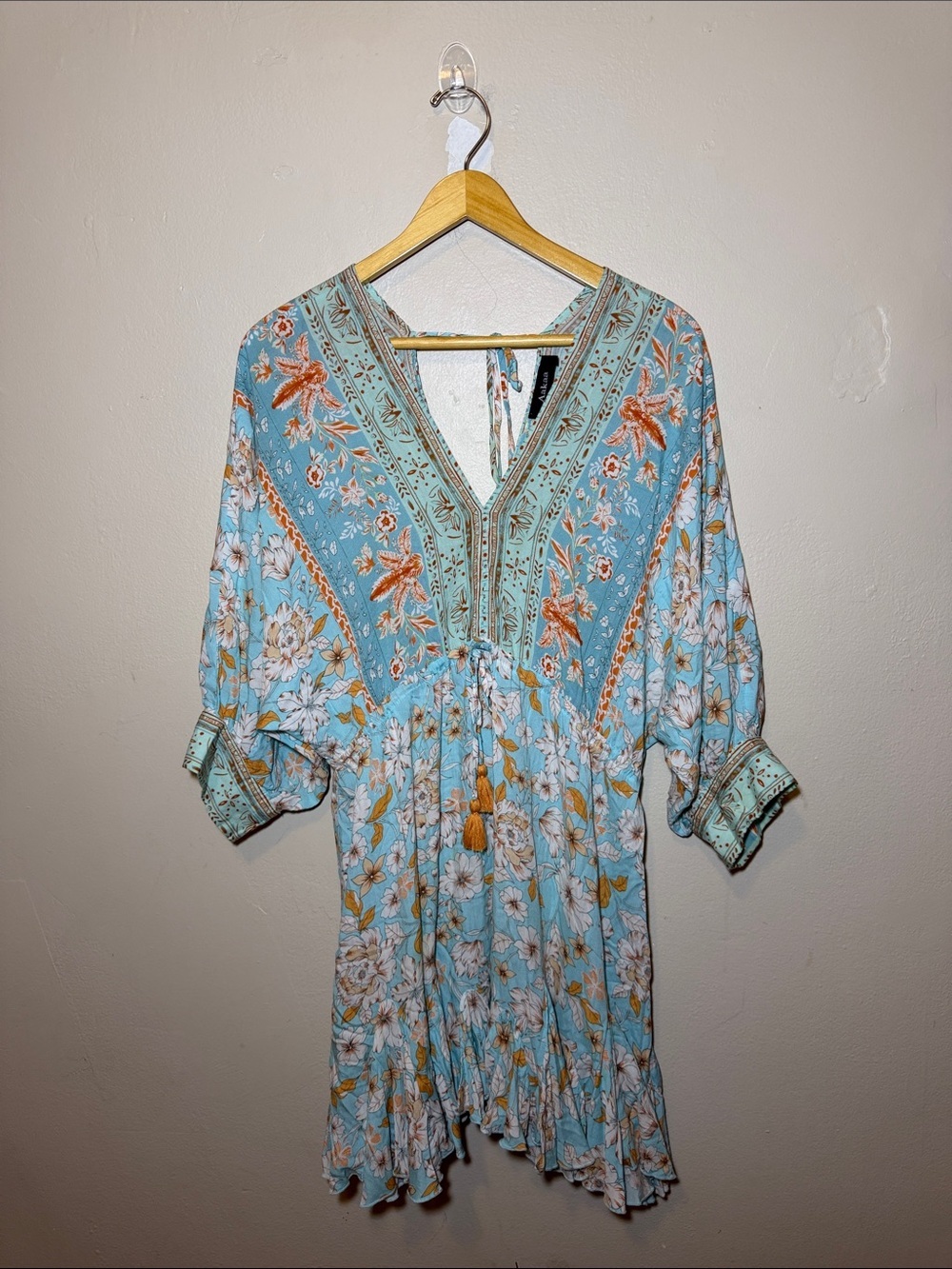 Aakaa Turquoise Floral Boho Tunic Dress with Mustard Accents
